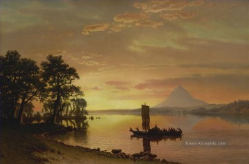 Albert Bierstadt Werke - INDIANS AUF DEM COLUMBIA RIVER MIT MOUNT HOOD IN THE DISTANCE American Albert Bierstadt
